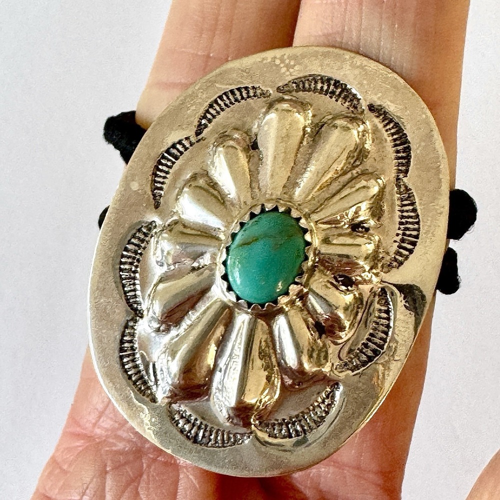 Turquoise Navajo Hair Tie 1.5in Ponytail Hand Stamped Sterling Ornament Concho